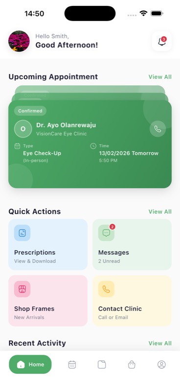 VotixCare mobile app home screen showing appointments and quick actions