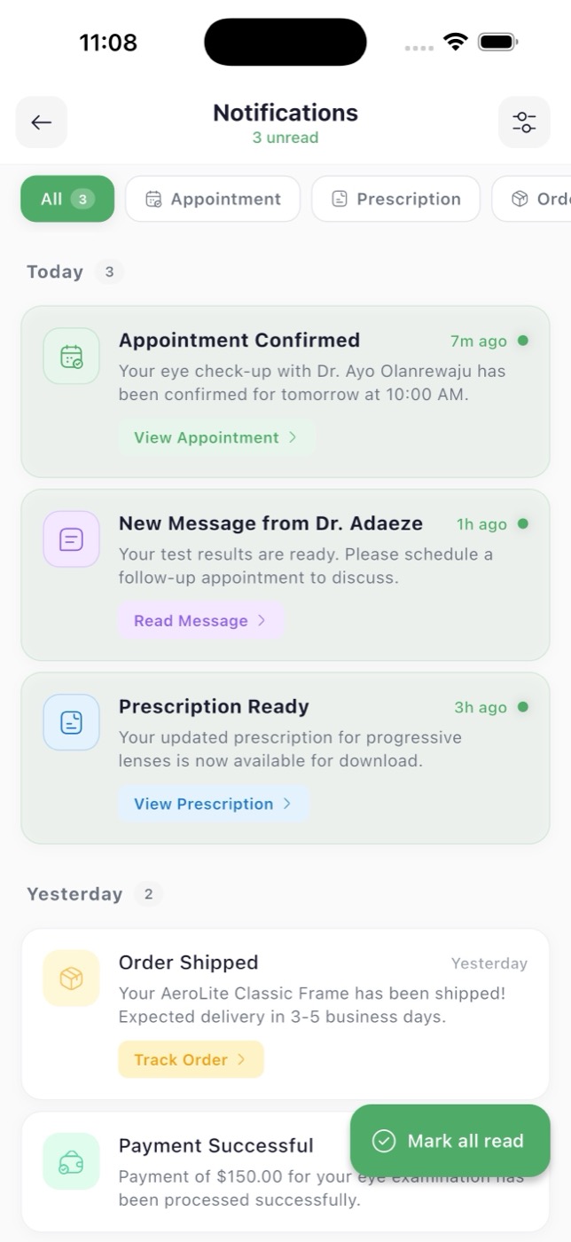 VotixCare app notifications screen showing appointment and prescription alerts