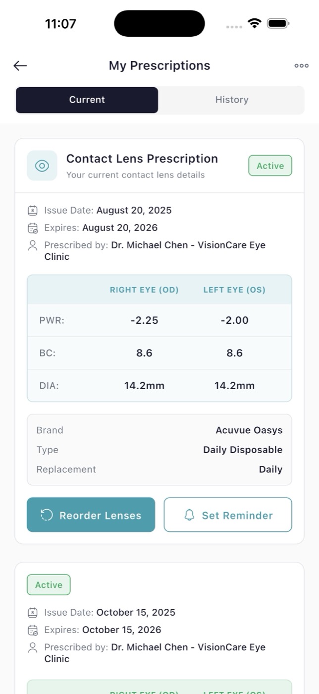 VotixCare app prescription screen with contact lens details and reorder button